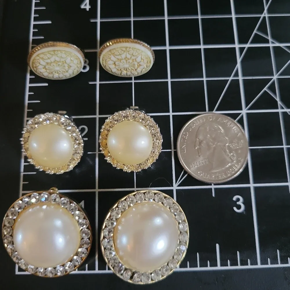 Vintage Faux Pearl Rhinestone Enamel Clip On Earrings Set 3 Pairs 80s